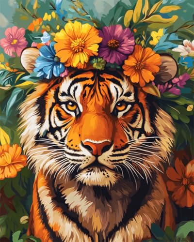 Taxpy Diy Stickbilder Erwachsene Cartoon-Tiger Mit Blumen Diy-Perlenstickerei-Bastelset Für Anfänger, Kreuzstich-Handarbeitsset 40x50cm von Taxpy