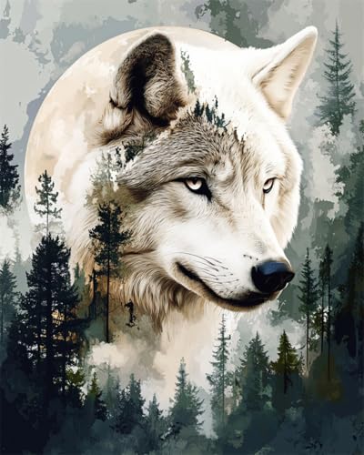 Taxpy Diy Stickbilder Erwachsene Cartoon Weißer Wolf Und Mond Diy-Perlenstickerei-Materialpaket,Handgefertigtes Stereoskopisches Foto,Ornament,Geschenk 50x70cm von Taxpy
