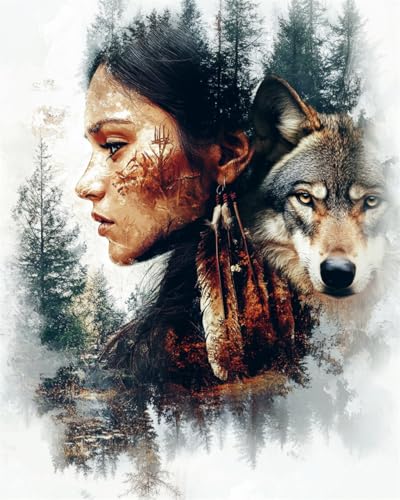 Taxpy Diy Stickbilder Erwachsene Wolfstier Und Frau Perlen-Kreuzstich-Set,Perlenmuster,Handarbeit,Stickerei,Handarbeitsset 50x70cm von Taxpy