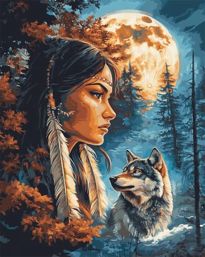 Taxpy Diy Sticken Set Fantasie Wolf Und Frau Diy-Perlenstickerei-Bastelset Für Anfänger,Kreuzstich-Handarbeitsset 50x70cm von Taxpy