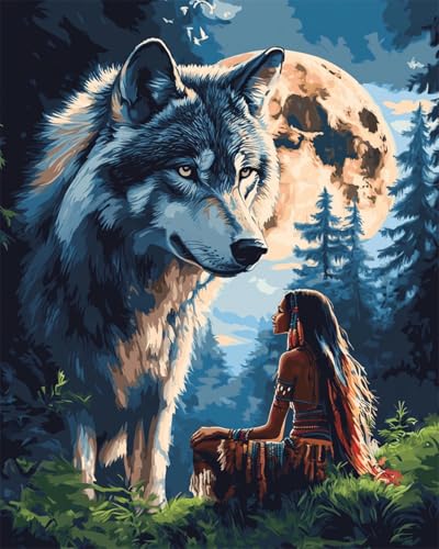 Taxpy Diy Sticken Set Wolfstier Und Frau Mosaikperlen-Stickerei,Handgefertigte Perlen,Kreuzstich-Sets,Geschenk Für Freunde 50x70cm von Taxpy