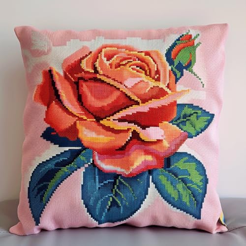 Taxpy Kissenbezüge Knüpfhaken Set mit Kissen, Komplettes Kissenbezug Set für Anfänger, Erwachsene und Kinder, Heimaccessoire, Wandkunst, 43x43cm(Blühende Blumen,C) von Taxpy