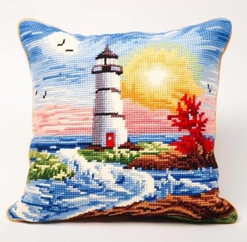 Taxpy Knüpfhaken-Sets für Erwachsene, Leuchtturm am Meer DIY-Kissenbezug, Handarbeit,Latch Hook Kissen Kit Sofakissenbezug, Häkeln für Familie, 43 x 43 cm von Taxpy