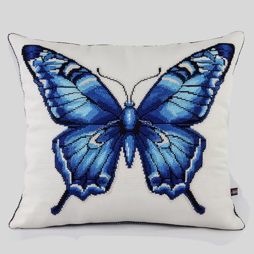 Taxpy Knüpfkissen-Set, blauer Schmetterling knüpfkissen knüpfset, Knüpfsets, Kreuzstich Knüpfkissen, DIY Kissen Knüpfset Mit Anleitung, Stickset, Kissenbezug 43x43cm von Taxpy