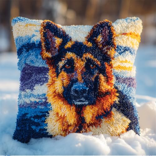 Taxpy Knüpfkissen Set Deutscher Schäferhund Im Schnee 43X43Cm Knüpfkissen Set Für Anfänger Erwachsene Oder Kinder Zum Selber Knüpfen,Diy Knüpfteppich Knüpfpackung von Taxpy