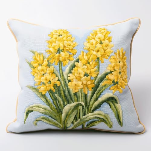Taxpy Knüpfkissen Set Latch Hook Kissen Kit, Gelbe Blumen Knüpfteppich Knüpfpackung Set, Sofa Kissenbezug, DIY Kissen Knüpfset Mit Anleitung 43X43cm von Taxpy
