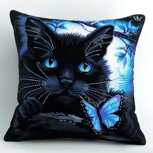 Taxpy Knüpfkissen Set schwarze Katze und Schmetterling mit Knüpfhaken und Toolkit zum Selber Knüpfen Kissens, DIY Kissen Dekokissen, 43x43cm Taxpy Knüpfkissen Set schwarze Katze und Schmetterling mit Knüpfhaken und Toolkit zum Selber Knüpfen Kissens, DIY Kissen Dekokissen, 43x43cm von Taxpy