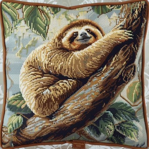 Taxpy Kreuzstich Knüpfkissen, Faultier auf einem Ast Selber knüpfen Kissen Set Knüpfpackungen Für Anfänger, DIY Kissen Knüpfset, Latch hook kits, Stickerei Knüpf-Sets 43x43cm von Taxpy