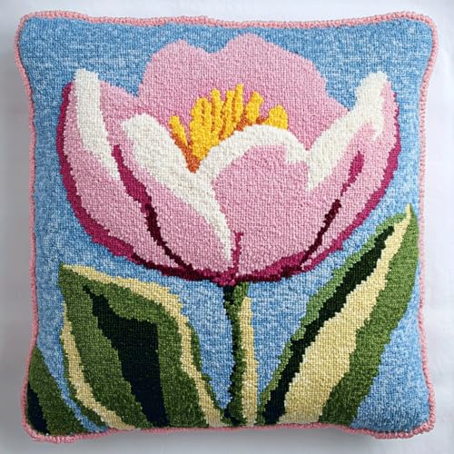 Taxpy Kreuzstich Knüpfkissen, Rosa Tulpenblüten Selber knüpfen Kissen Set Knüpfpackungen Für Anfänger, DIY Kissen Knüpfset, Latch hook kits, Stickerei Knüpf-Sets 43x43cm von Taxpy