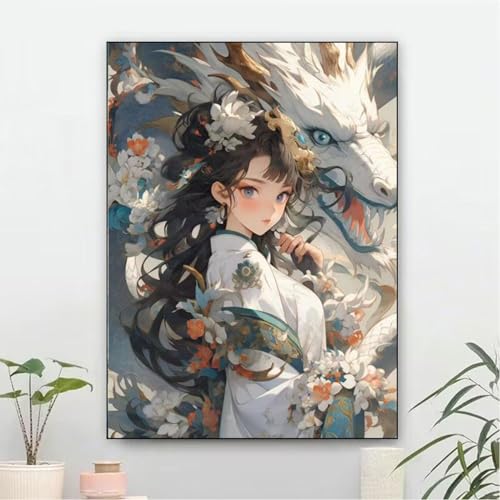 Taxpy Kreuzstich Stickpackungen Vorgedruckt, Anime-Mädchen Und Drache, 60 X 80 Cm Sticken Set Erwachsene Kreuzstich Bild,Sticken Set Anfänger Für Wandkunst-Heimdekoration von Taxpy