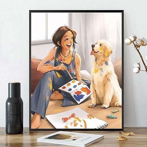 Taxpy Kreuzstich Stickpackungen Vorgedruckt Set Erwachsene, Cartoon-Mädchen Und Hund, 60 X 80 Cm Stickvorlagen Stickbilder Vorgedruckt Kreuzstich Stickpackung Sticken Stickbild Set Für Erwachsen von Taxpy
