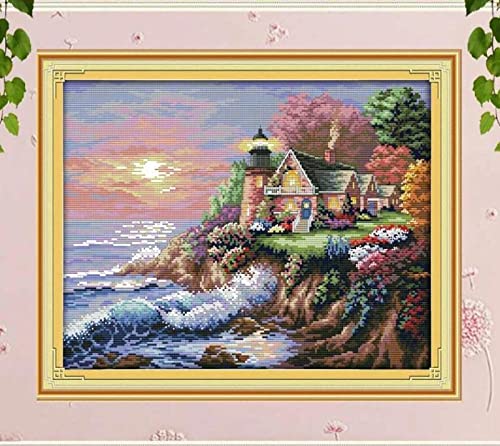 Taxpy Kreuzstich Stickpackungen Vorgedruckt Set Erwachsene, Der Leuchtturm Am Meer, 50X70Cm Stickvorlagen Stickbilder Vorgedruckt Kreuzstich Stickpackung Sticken Stickbild Set Für Erwachsene Anf von Taxpy