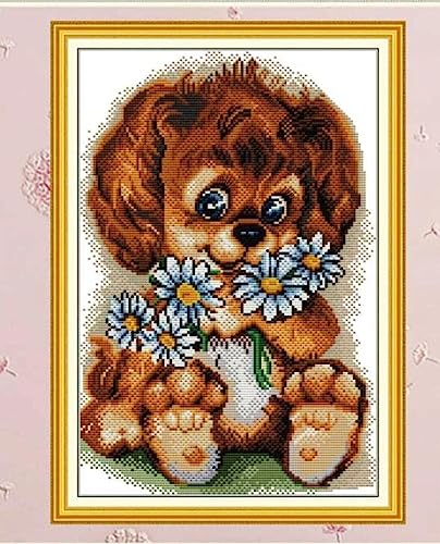 Taxpy Kreuzstich Stickpackungen Vorgedruckt Set Erwachsene, Hunde, Die Blumenmuster Lieben, 30X40Cm Vorgedruckt Kreuzstich Stickpackung Zum Sticken Starter Set Für Erwachsene Kinder Anfänger, Cro von Taxpy