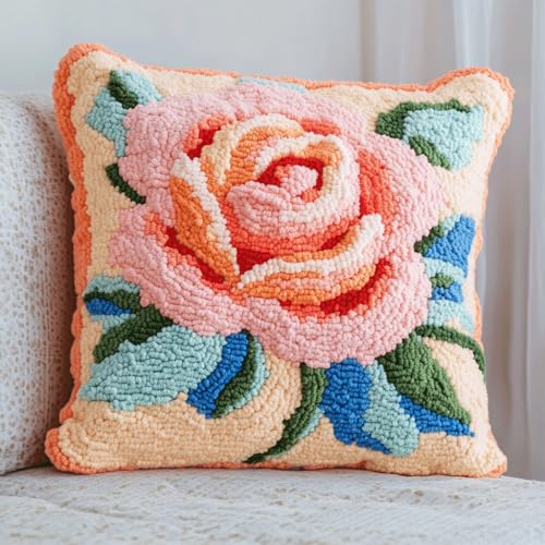 Taxpy Latch Cushion Kits, Die Rose Kreuzstich Knüpfkissen Latch Hook Cushion Cover Rug Sets with Pre-Printed Color Pattern Handgefertigtes Kissen 43x43cm Taxpy Latch Cushion Kits, Die Rose Kreuzstich Knüpfkissen Latch Hook Cushion Cover Rug Sets with Pre-Printed Color Pattern Handgefertigtes Kissen 43x43cm von Taxpy