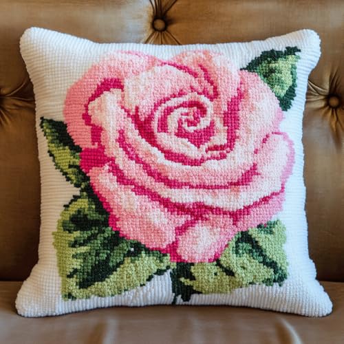 Taxpy Latch Cushion Set, Rosa Rosenblüte Homemade Cushion Covers, Crochet, Knüpfteppiche & Knüpfkissen, Knüpfkissen Diy Set Latch Hook Kit 43x43cm von Taxpy