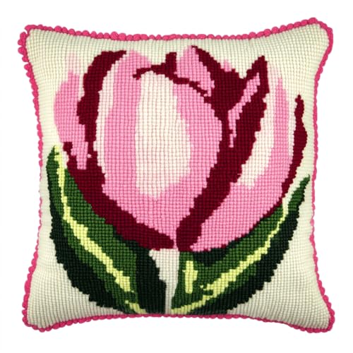 Taxpy Latch Cushion Set, Rosa Tulpenblüten Latch Hook Cushion Kit DIY Kreuzstich Knüpfkissen Stickerei Knüpf-Sets Kissen Knüpfen Knotting and Weaving Set 43x43cm von Taxpy