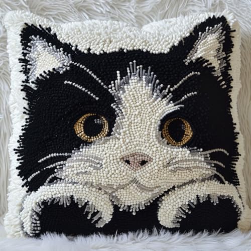 Taxpy Latch Cushion Set, Schwarze Katze Latch Hook Cushion Kit DIY Kreuzstich Knüpfkissen Stickerei Knüpf-Sets Kissen Knüpfen Knotting and Weaving Set 43x43cm von Taxpy