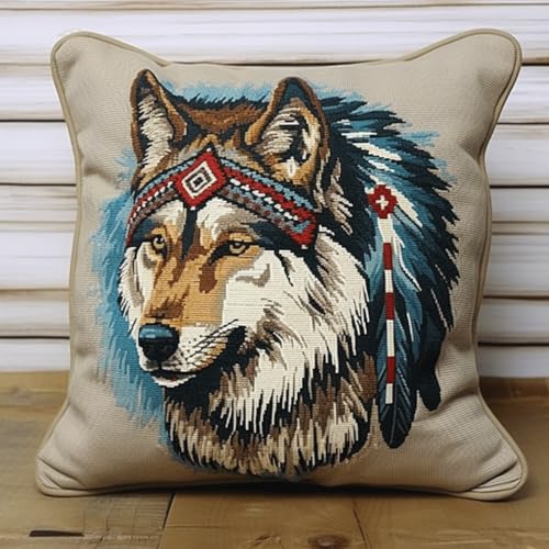 Taxpy Latch Hook Cushion Kit, Tierwolf Knüpfkissen Set Knotting and Weaving Set Knüpfpackungen DIY Kissen Knüpfset Knüpfen Embroidery Kit 43x43cm von Taxpy