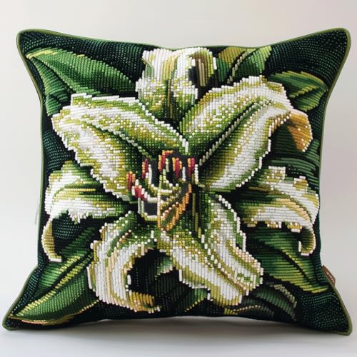 Taxpy Latch Hook Cushion Set, Grüne Lilienblüte Kreuzstich Knüpfkissen, DIY Latch Hook Set, Knüpfteppiche & Knüpfkissen 43x43cm von Taxpy