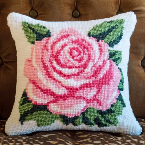 Taxpy Latch Hook Cushion Set, Rosa Rosenblüte Kreuzstich Knüpfkissen, DIY Latch Hook Set, Knüpfteppiche & Knüpfkissen 43x43cm von Taxpy