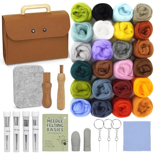 TayBong 24 Farben Filzwolle Set mit Filznadeln & Zubehör, Nadelfilz Starter Kit für Anfänger und Kinder, Inkl. Filzunterlage, Holzgriffe & Bastelzubehör, Perfekt für DIY, Filztiere und Geschenke von TayBong