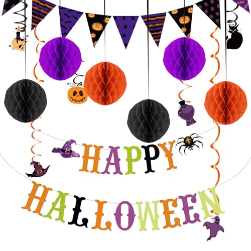 Tayuvira Halloween-Banner, Papier, Dreieck, Wimpel, Kreis, Konfetti, Punkte, Hängegirlande, Wabenball, Wirbel, Luftschlangen, Pompons, schwarz-lila-orange Partydekoration für drinnen und draußen, für Tayuvira Halloween-Banner, Papier, Dreieck, Wimpel, Kreis, Konfetti, Punkte, Hängegirlande, Wabenball, Wirbel, Luftschlangen, Pompons, schwarz-lila-orange Partydekoration für drinnen und draußen, für von Tayuvira