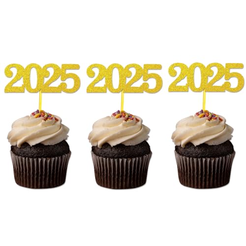 Tbay 24 Stück 2023 Cupcake Toppers, Glitzer 2023 Lebensmittel Kuchen Picks Dekoration für Geburtstag Hochzeit Neujahr Weihnachten Party Dessert Dekoration (Gold), ISD-WU8 von Tbay