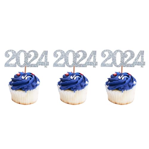 24 Stück 2024 Cupcake Toppers, Glitter 2024 Lebensmittel Kuchen Picks Dekoration für Geburtstag Hochzeit Neujahr Weihnachten Party Dessert Dekoration (Silber) von Tbay