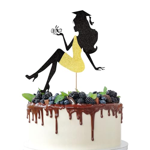 Glitzer-Abschlussfeier 2024 Tortenaufsatz, High Heel Girl Graduation Cake Pick für 2024 High School/College/Senior Graduation Party Glitzer Dekorationen (Gold) von Tbay