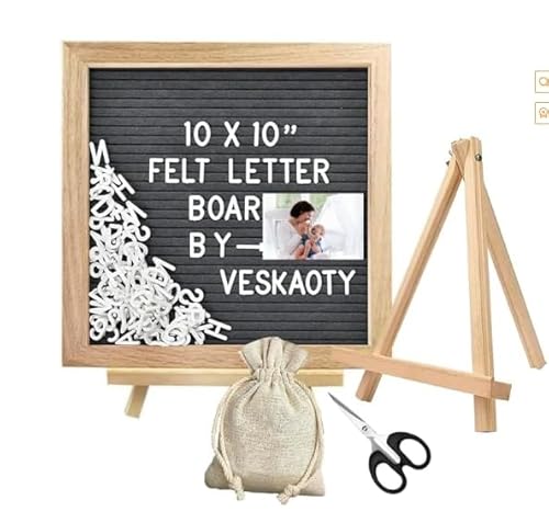 Tbintul Filz Brief Board, 25x25cm Holz Letter Board mit 340 Buchstaben Staffelei und Beutel für Memoboard Hängen in der Familie Küche Büro Hochzeit (Grau) von Tbintul