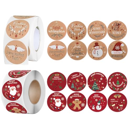 1000 Stück Sticker Weihnachten, Aufkleber Weihnachten Weihnachtssticker Weihnachtsaufkleber Selbstklebend Aufkleber Rolle Kraft Papier Stickers, für Weihnachtskarten Geschenktaschen Papiertüten von Tcnzdy