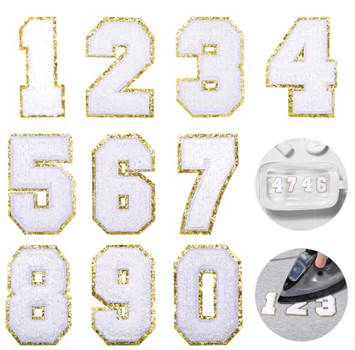 10 Stück Chenille Zahlen Patches, Iron on Numbers Patches Glitzer Bügelzahlen 0-9 für Kleidung, Zahlen zum Aufbügeln Wärmeübertragung Gestickte Zahlenaufnäher für Sweatshirts, Jacken und Hüte (Weiß) 10 Stück Chenille Zahlen Patches, Iron on Numbers Patches Glitzer Bügelzahlen 0-9 für Kleidung, Zahlen zum Aufbügeln Wärmeübertragung Gestickte Zahlenaufnäher für Sweatshirts, Jacken und Hüte (Weiß) von Teaaha
