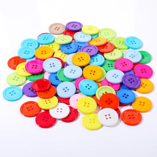 100 Stück Knöpfe Bunt Gemischt, Knöpfe Bunt Zum Annähen, Buttons Selber Machen, Gemischte Farben 4-Loch Rund Bastelknöpfe Für Basteln Nähen Kinder Diy Painting Geschenk Deko (25mm) von Teaaha
