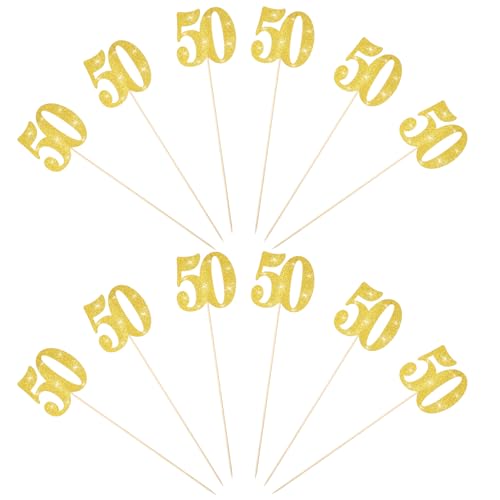 Goldene 50. Geburtstag Torten Topper Set, 12 Stück Glänzende Kuchendeko für Jubiläum, Hochzeit, Cupcake und Muffin Dekoration von Teaaha