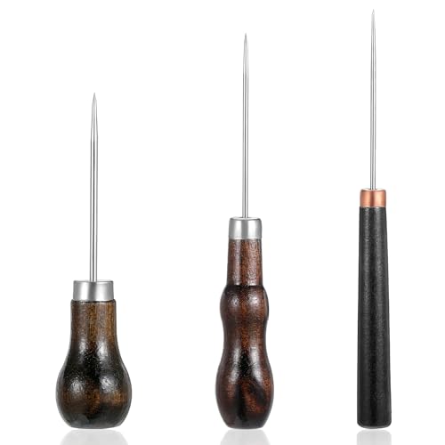 3 Stück Ahle Werkzeug Vorstecher mit Holzgriff Lederhandwerk Nähen Leder Werkzeug Prickelnadel Ahle Ledernadel Lochstecher für DIY Nähahle Handwerkzeug Lederverarbeitung von Teaaha