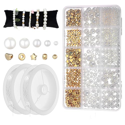 704 Stück Perlen für Armbänder, Goldperlen, Perlen-Set, sortiert, Perlenschmuckherstellungs-Set mit goldenen Abstandshaltern, DIY Handwerk für Halsketten, Ohrringe von Teaaha