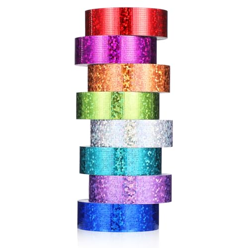 8 Rollen Washi Tape Set Buntes Klebeband Holografische Farbig Bänder Glitzernde Dekoratives Klebeband Kreppband Bunt Klebestreifen für DIY Scrapbooking Handwerk Party (5m x 15mm/Rollen) von Teaaha