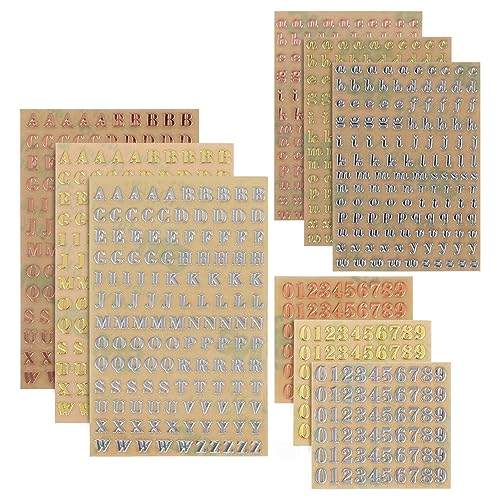 9 Bögen Aufkleber Buchstaben Selbstklebende Zahlen Aufkleber, 3 mm Metall Sticker klein Mini Aufkleber Roségold & Silber Nummern Aufkleber für Scrapbook DIY Basteln (Groß und Kleinbuchstaben) von Teaaha