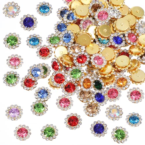 Teaaha 100 Stück 12mm Strasssteine zum Aufnähen, Glas Kristall Strasssteine, Metallsockel, Blumenform, für Kleidung, Schuhe, Ohrringe, Gürtel, DIY Handwerk, Nähzubehör(bunt) von Teaaha