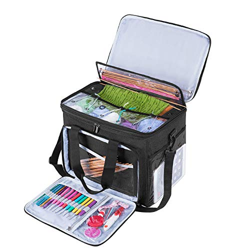 Teamoy Tragetasche für die Aufbewahrung von Wolle, Strick-/Häkeltasche mit mehreren Taschen, Tragegriff und Schulterriemen (kein Zubehör im Lieferumfang enthalten) (groß mit Deckel, schwarz), Schwarz, von Teamoy