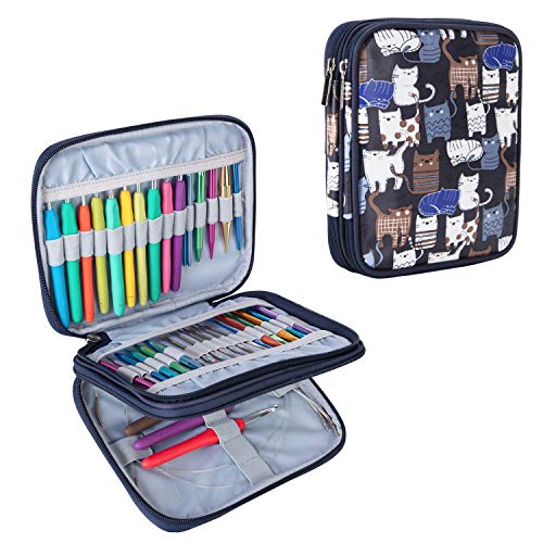 Teamoy Häkelnadeltasche Nähset Bag für austauschbare Rundstricknadeln, Ergonomische Häkelhaken, Aluminium Häkelhaken, Strickzubehör und vieles mehr (L16.5 * W3.3 * H19cm, Cats Blue) von Teamoy