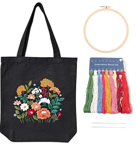 Teaque Canvas Tote Bag Stickset mit Muster und Anleitung，Kreuzstich Kit mit Blumenmuster mit Stickerei Tasche Stickrahmen Farbfäden und Anleitungen für Erwachsene Anfänger(Schwarze) von Teaque