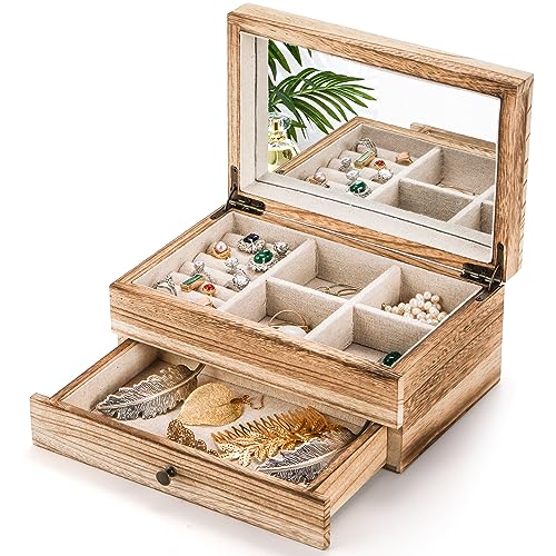 Tebery Rustikale Schmuckschatulle aus Holz mit Spiegel für Mädchen und Frauen, 2-lagig, groß, Vintage-Schmuck-Aufbewahrungsbox mit Ringablage für Halsketten, Ohrringe, Armbänder, Ringe (Fackelholz) Tebery Rustikale Schmuckschatulle aus Holz mit Spiegel für Mädchen und Frauen, 2-lagig, groß, Vintage-Schmuck-Aufbewahrungsbox mit Ringablage für Halsketten, Ohrringe, Armbänder, Ringe (Fackelholz) von Tebery