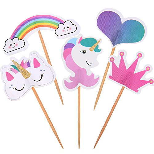 TecUnite 48 Stücke Einhorn Tasse Kuchen Toppers Regenbogen Herz Krone Kuchen Topper für Motto Party Geburtstag Kuchen Dekoration von TecUnite