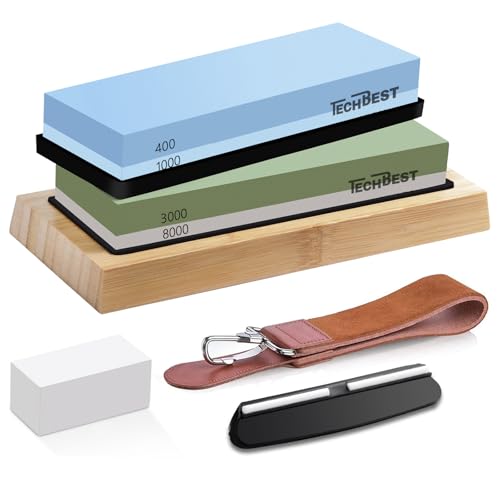 TechBest Schleifstein Messer Set - Abziehsteine Körnung 400/1000 3000/8000 Wetzstein mit rutschfester Bambusbasis,Flachstein,Winkelführung und Lederstreifen TechBest Schleifstein Messer Set - Abziehsteine Körnung 400/1000 3000/8000 Wetzstein mit rutschfester Bambusbasis,Flachstein,Winkelführung und Lederstreifen von TechBest