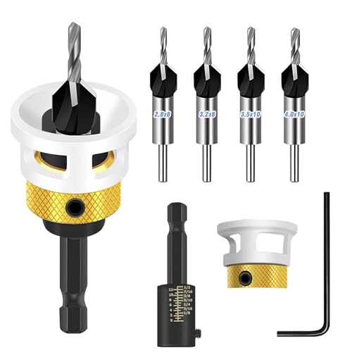 6 tlg Kegelsenker-Bohrer-Set mit Tiefenanschlag, Bohrsenker mit Tiefenanschlag, Senker Holzbohrer mit 1/4" Hex Schaft Ø von 2.8, 3.2, 3.5, 4mm Senkkopfschrauben, aus HSS-M2 von TechVizrs