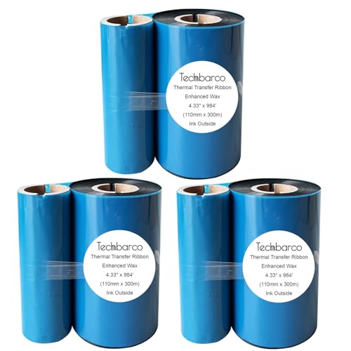 Premium Wachsband mit Thermotransferband, verstärktes Wachs, 2,5 cm, Schwarz, mit leerer Rolle, Tinte außen, Barcodeband, kompatibel mit Zebra-Druckern, 3 Rollen, 110 mm x 300 m Premium Wachsband mit Thermotransferband, verstärktes Wachs, 2,5 cm, Schwarz, mit leerer Rolle, Tinte außen, Barcodeband, kompatibel mit Zebra-Druckern, 3 Rollen, 110 mm x 300 m von Techbarco