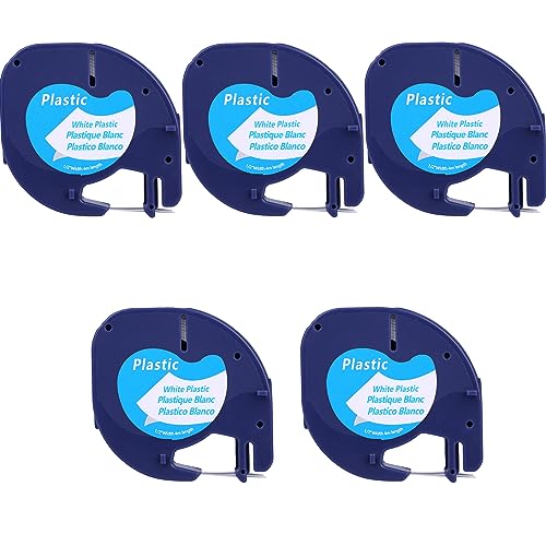 TapeTek Compatible Dymo LetraTag 91201 Black on White (12mm x 4m) Plastic Label Tapes for Dymo LetraTag LT-100H, LT-100T, LT-110T, QX 50, XR, XM, 2000, Plus Label Makers (5) von TeckTek