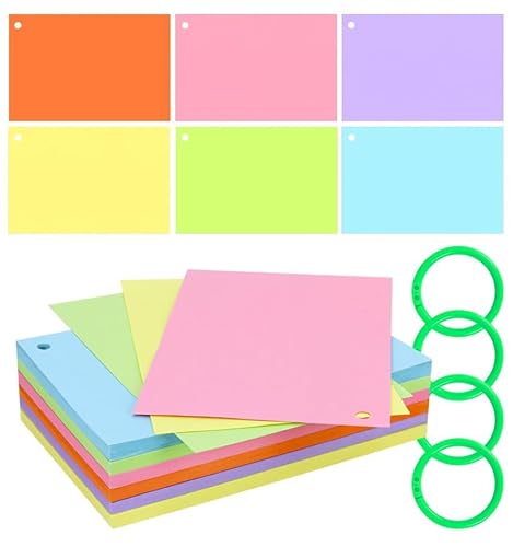 Tecmisse 180 Stück farbige Karteikarten mit Ring, Karteikarten, 10,2 x 15,2 cm, leere Karteikarten für Schule, Zuhause und Büro (unliniert) von Tecmisse