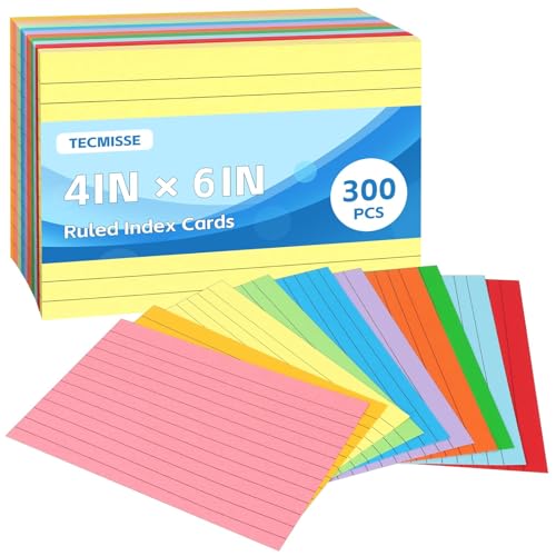 Tecmisse Farbige Karteikarten, 10 x 15 cm, 300 Stück, liniert, Lernkarten zum Lernen, schwere Notizkarten für Büro und Schule, eine Seite liniert, eine Seite blanko Tecmisse Farbige Karteikarten, 10 x 15 cm, 300 Stück, liniert, Lernkarten zum Lernen, schwere Notizkarten für Büro und Schule, eine Seite liniert, eine Seite blanko von Tecmisse